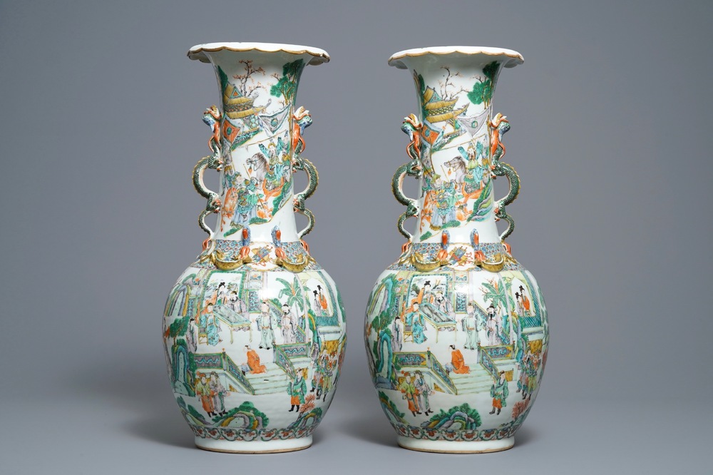 A pair of Chinese Canton famille verte vases with dragon handles, 19th C.