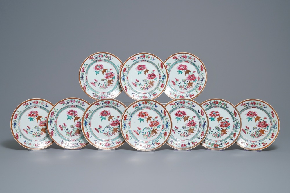 Ten Chinese famille rose 'peony' plates, Qianlong