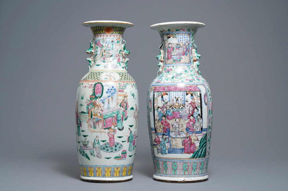 Two Chinese famille rose 'court scene' vases, 19th C.