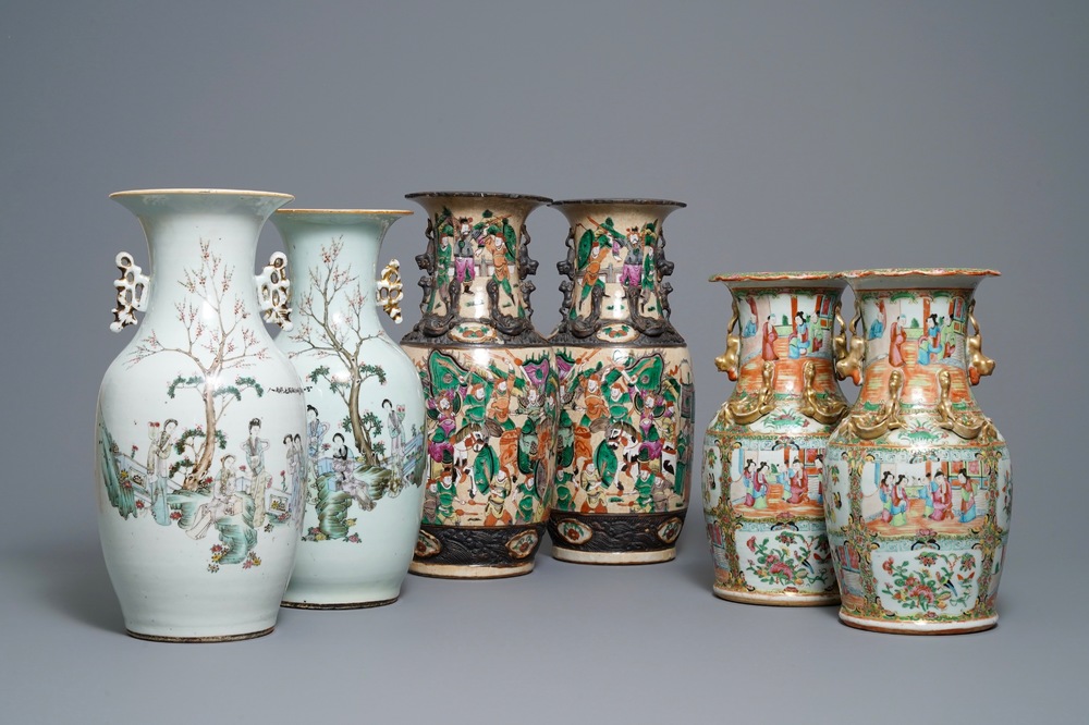 Three pairs of Chinese Canton, famille rose and Nanking vases, 19th C.