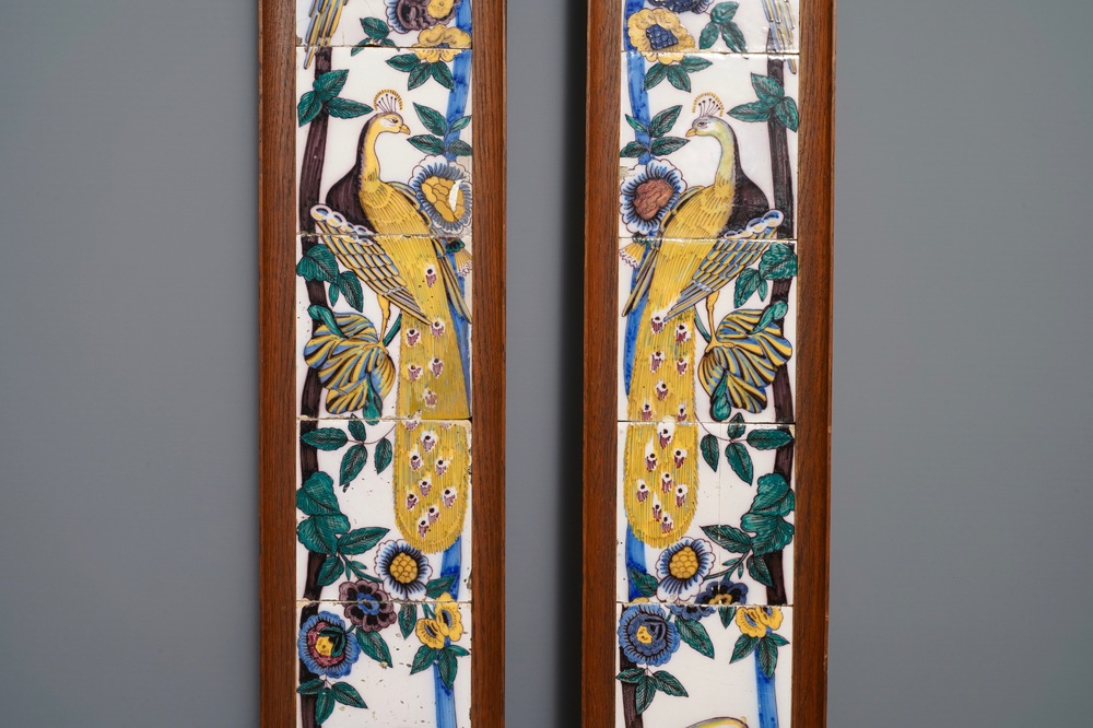 A pair of vertical polychrome Dutch Delft tile murals with peacocks, late 18th C.