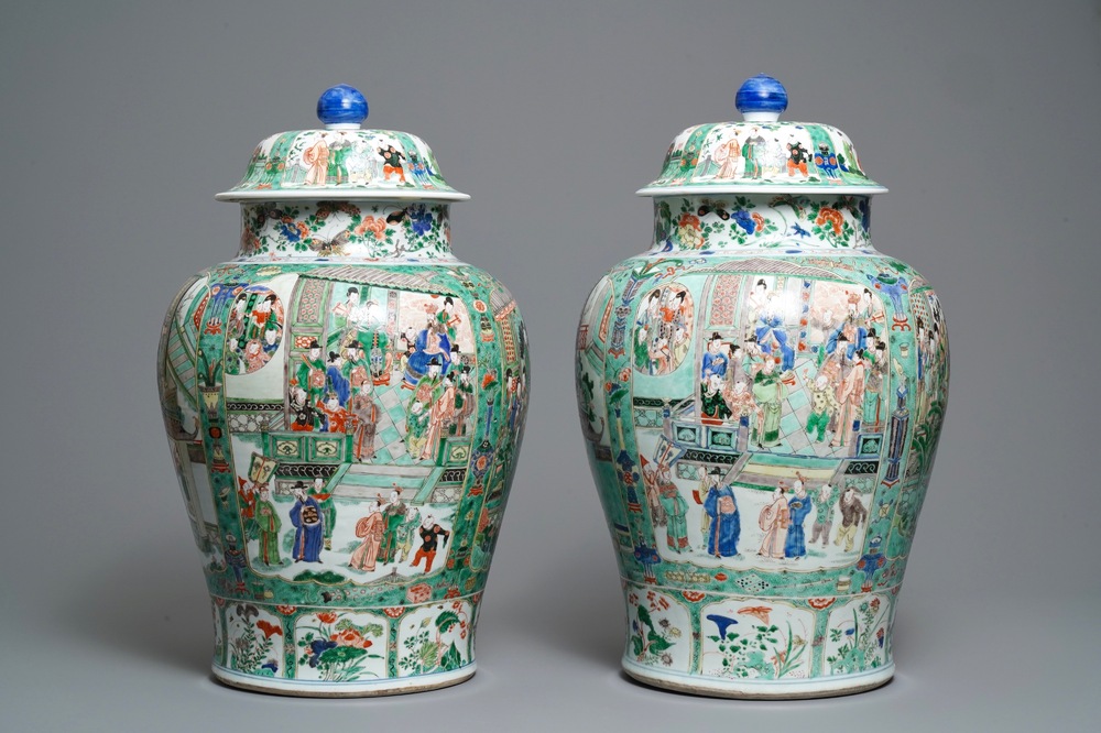 A pair of large Chinese famille verte vases and covers, Kangxi