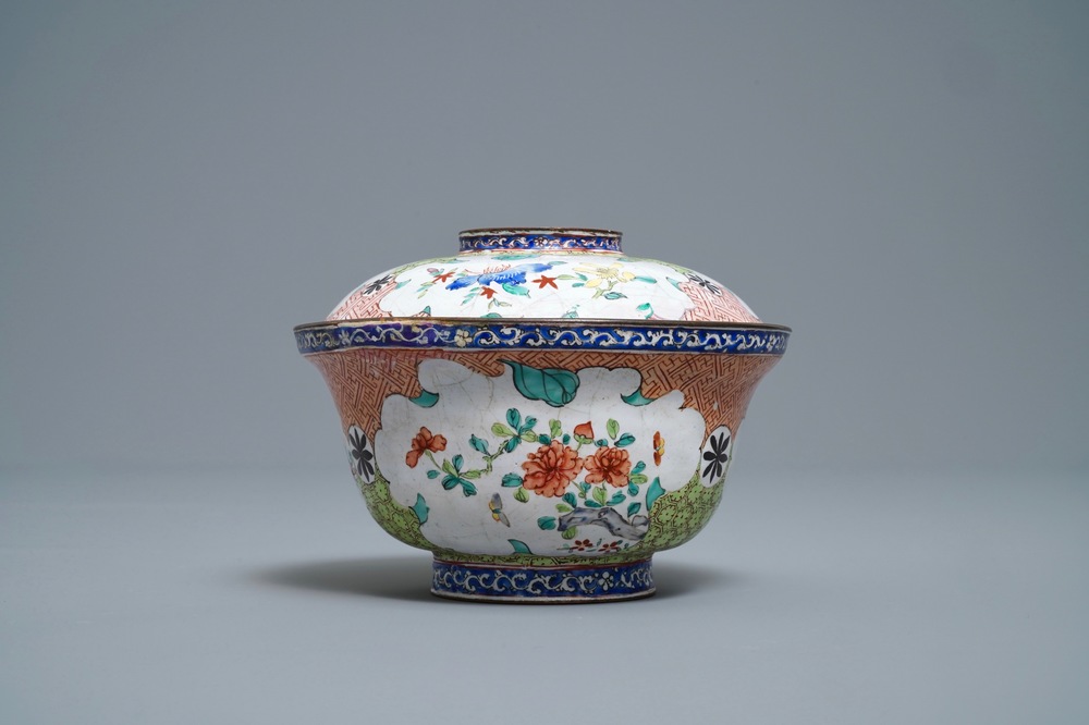 A Chinese Canton enamel covered bowl with flowers and butterflies, Qianlong/Jiaqing