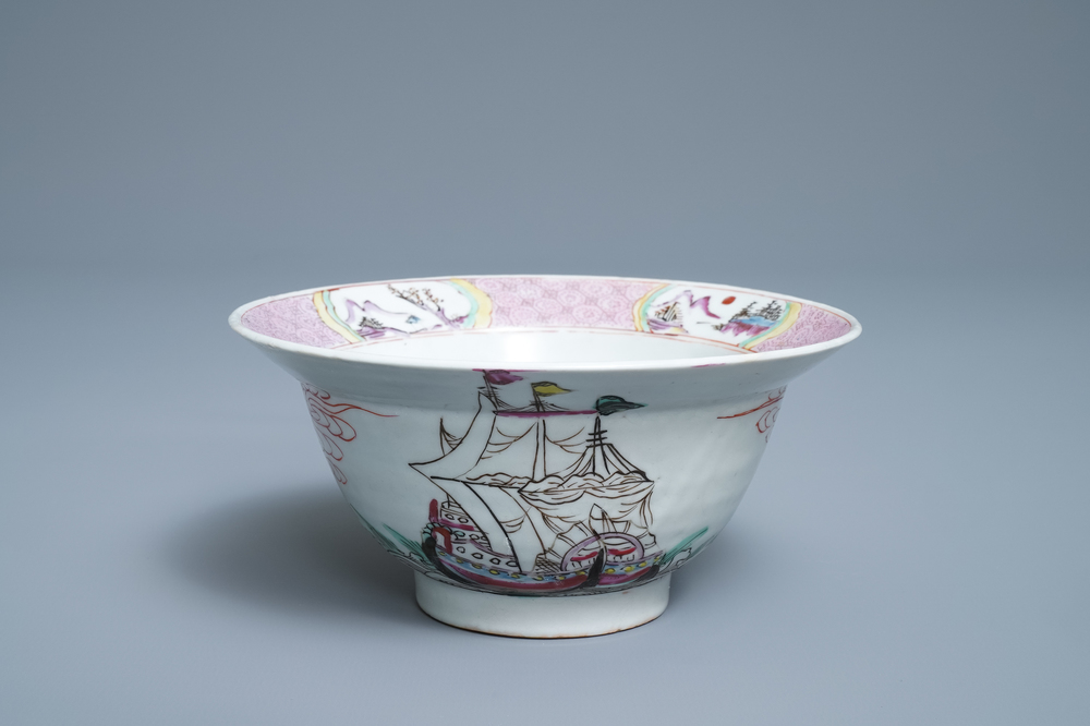 A Chinese famille rose 'Threemaster' bowl, Yongzheng/Qianlong