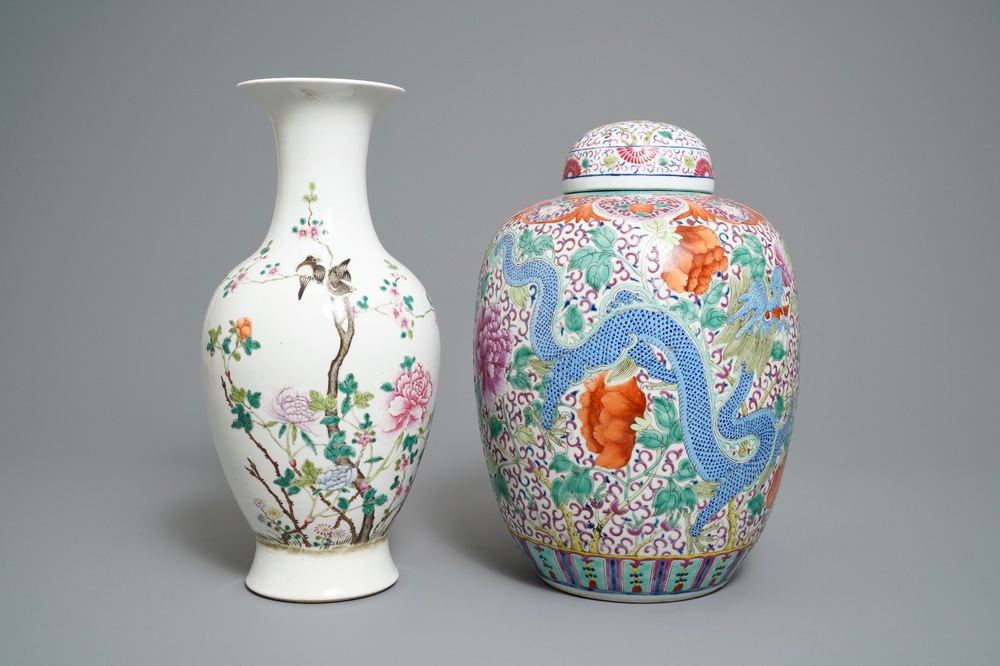 A Chinese famille rose jar and cover and a vase with floral design, 19/20th C.