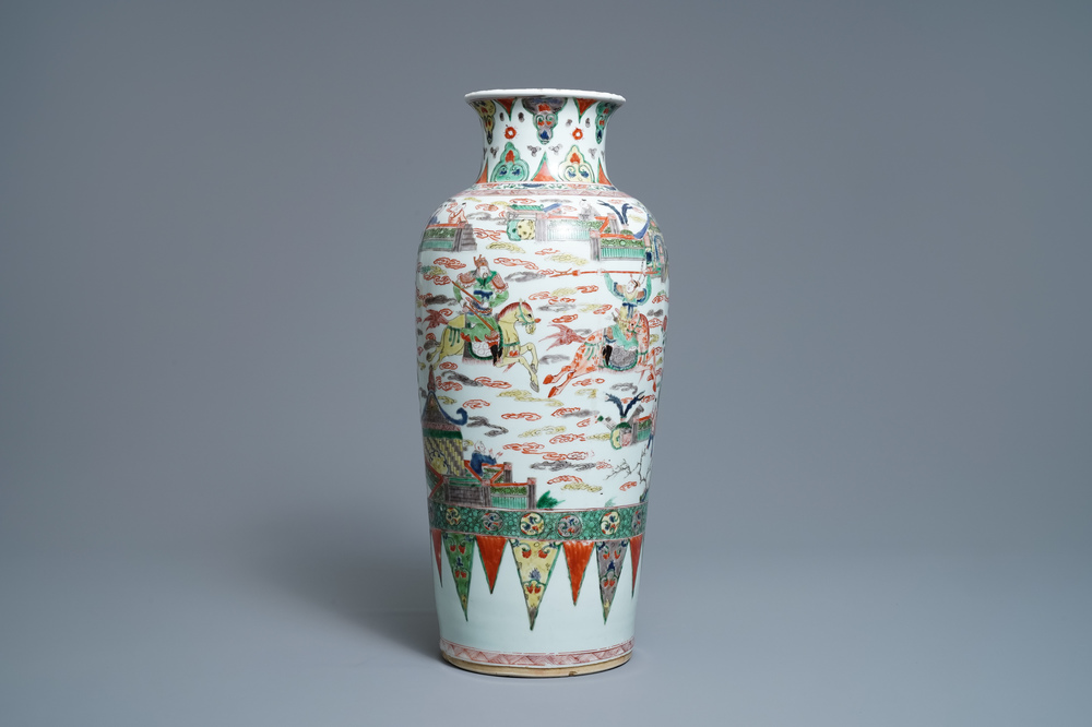 A Chinese famille verte vase with warriors on horseback, Kangxi