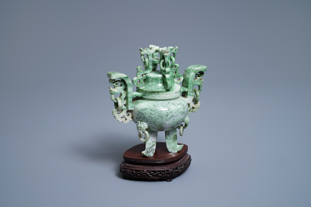 A Chinese jadeite censer and cover on wooden stand, Republic