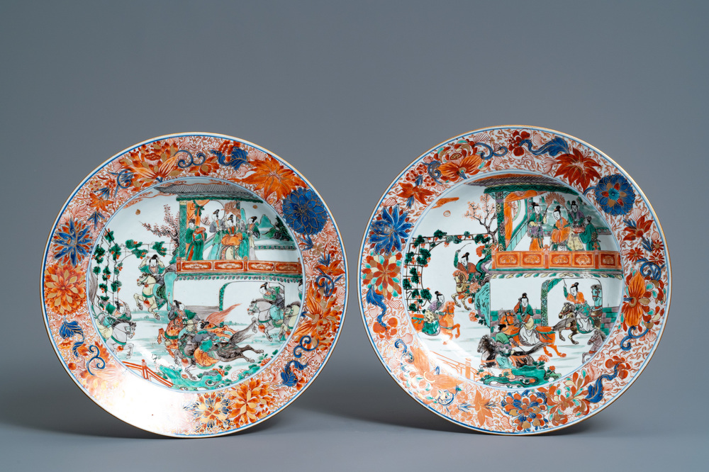 A pair of Chinese famille verte 'General Yang and Mu Guiying' dishes, Kangxi