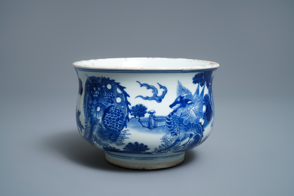 A Chinese blue and white 'mythical beasts' censer, Transitional period