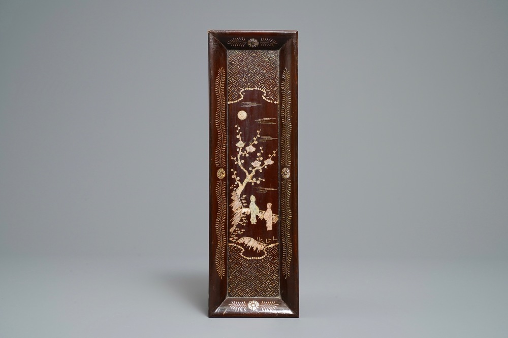 A rectangular Chinese mother-of-pearl-inlaid lacquered wooden tray, 17/18th C.