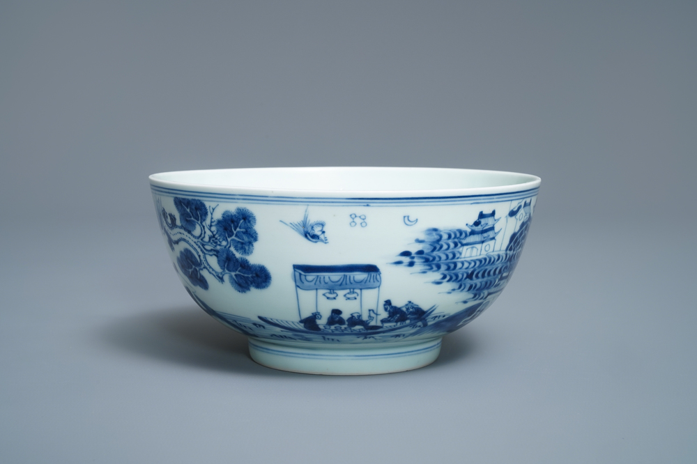 Een Chinese blauw-witte kom met gedicht 'Ode aan de rode kliffen', Kangxi/Yongzheng
