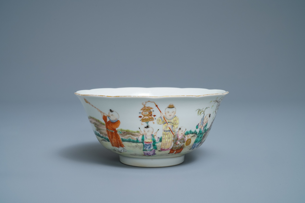 A Chinese famille rose 'playing boys' bowl, four-character mark, Republic