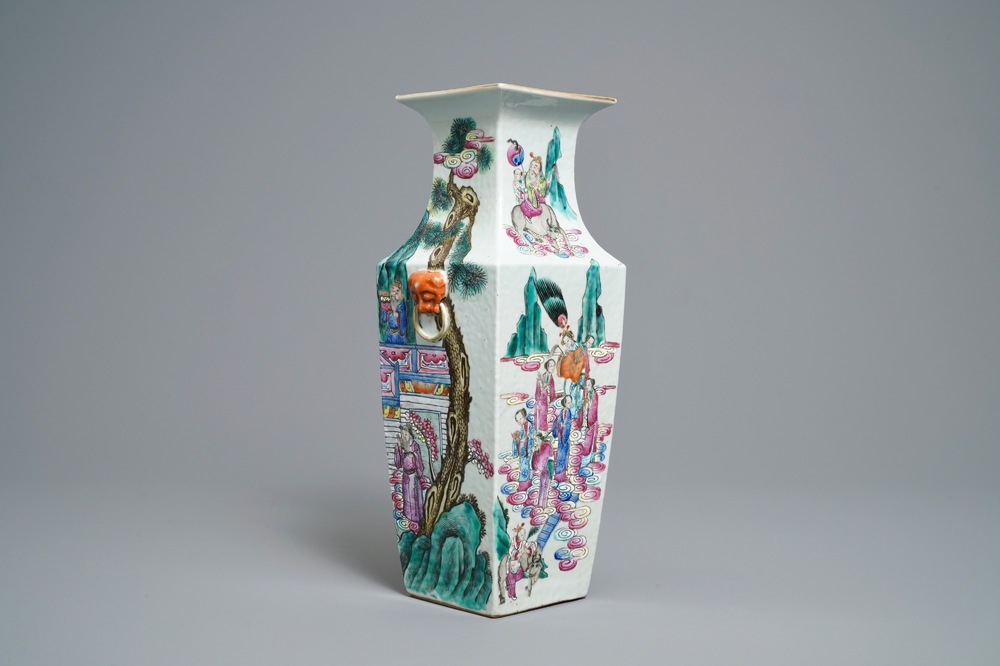 A Chinese famille rose square vase with figural design, 19th C.