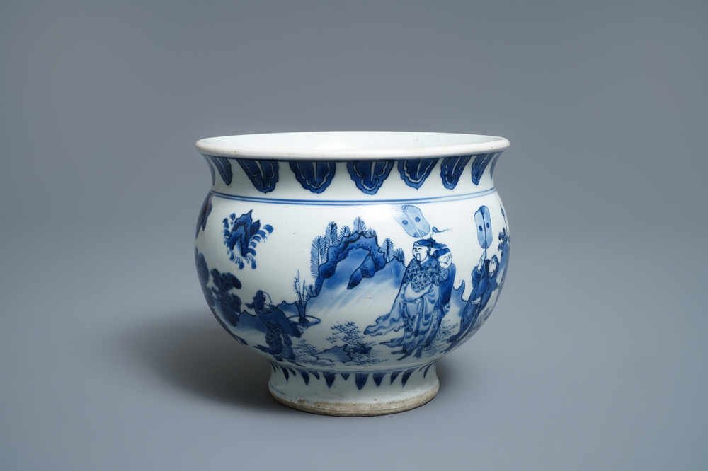 A rare Chinese blue and white censer with figures in a landscape, Transitional period