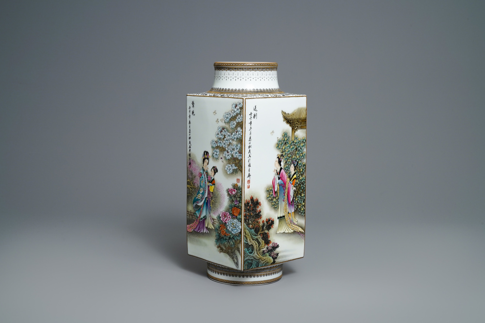 Un vase de forme cong en porcelaine de Chine famille rose, sign&eacute; Zhang Songmao, dat&eacute; 2002