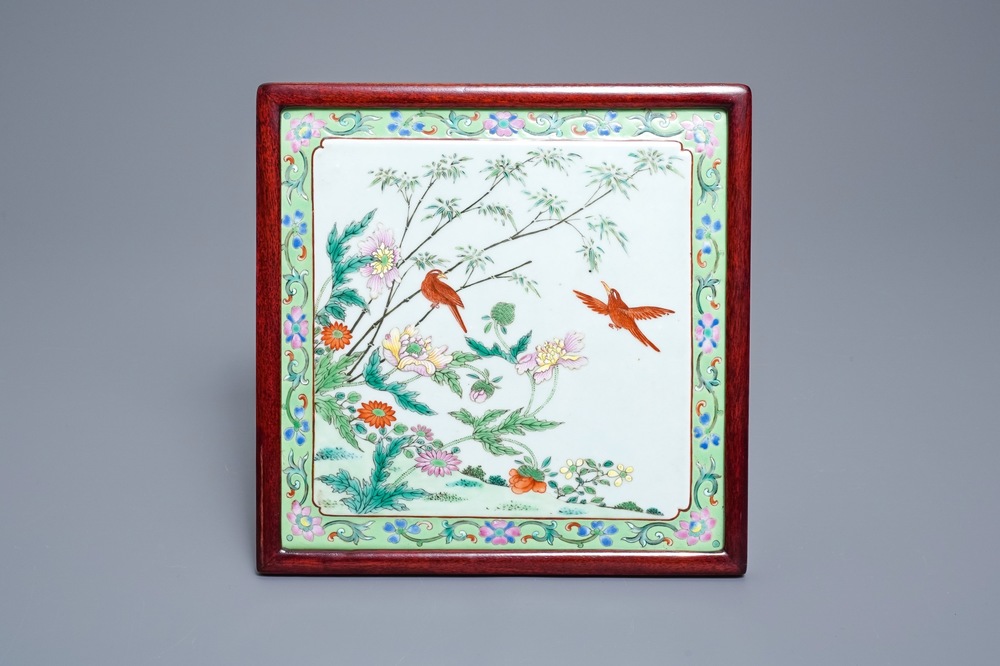 A Chinese square famille rose plaque, Qianlong/Jiaqing