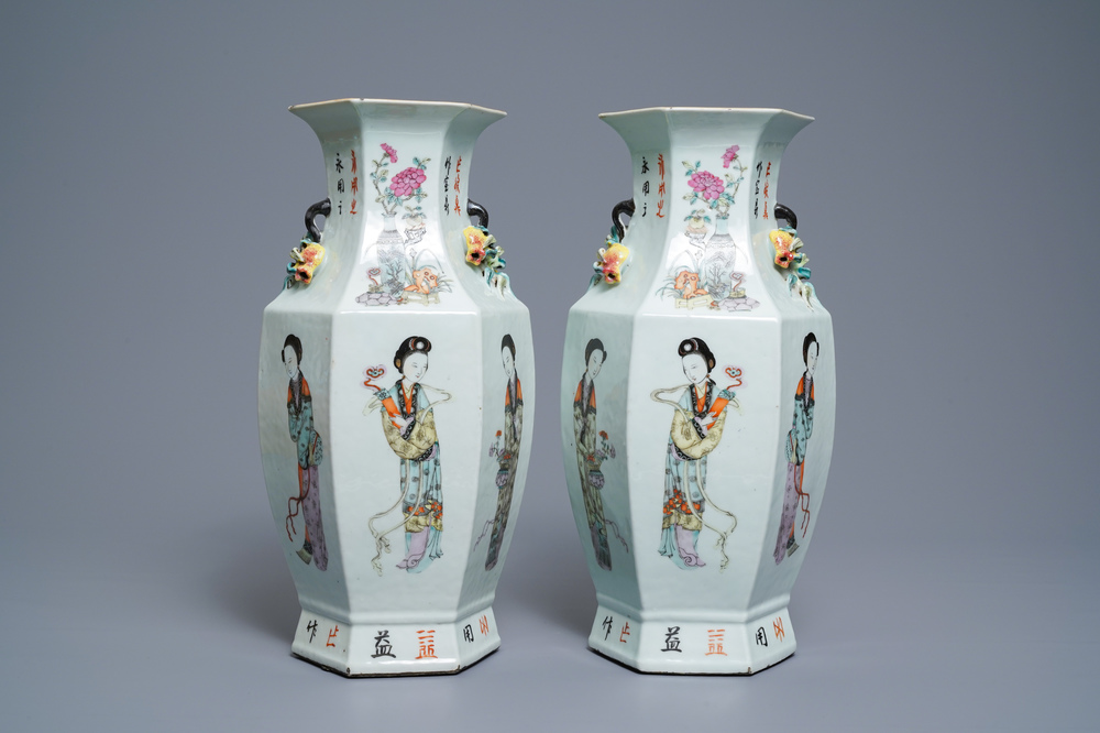 A pair of Chinese hexagonal qianjiang cai vases with ladies, 19/20th C.