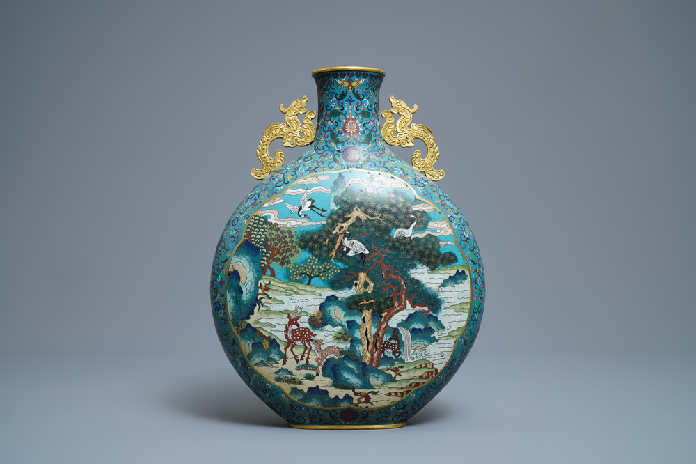 A Chinese cloisonn&eacute; 'deer and crane' moonflask vase, Qianlong mark, 19th C.
