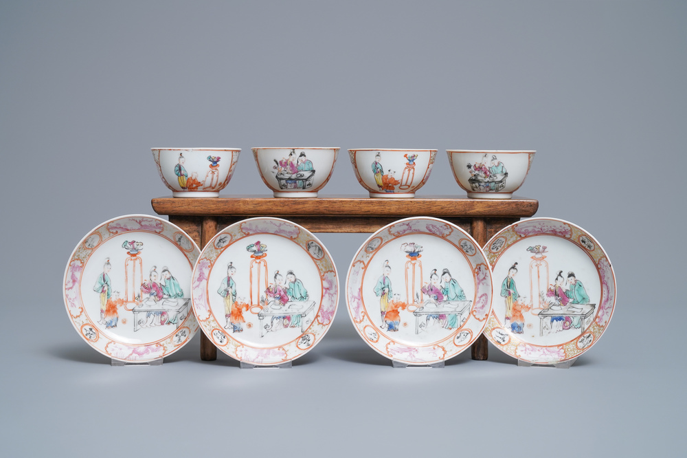 Four Chinese famille rose 'mandarin' cups and saucers, Qianlong