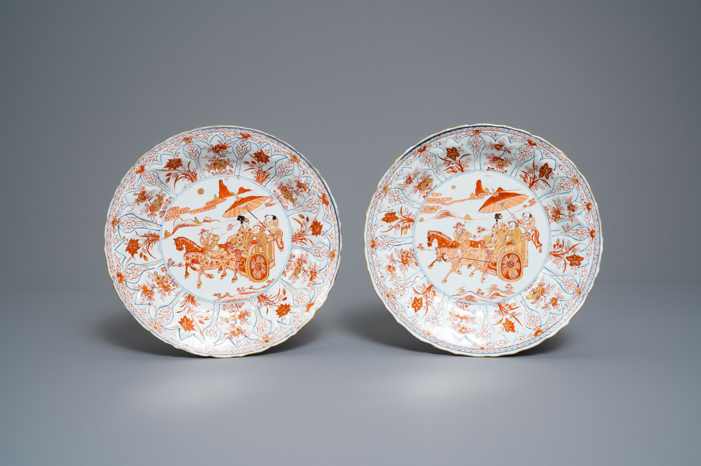 A pair of Chinese 'milk and blood' plates with a horse carriage, Kangxi