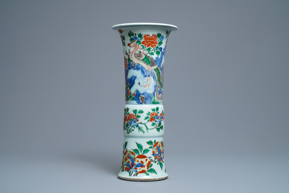 A Chinese wucai gu vase with a phoenix, Shunzhi