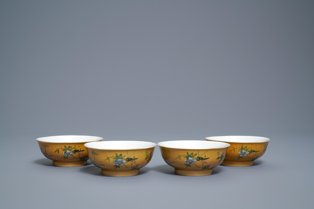 Four Chinese famille rose caf&eacute;-au-lait-ground bowls, Daoguang mark and of the period