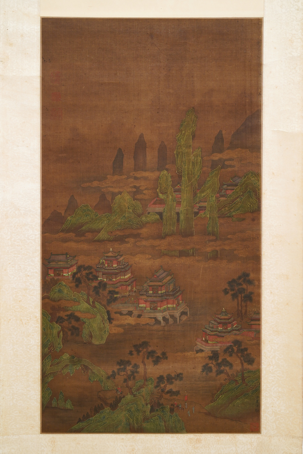 Ecole chinoise, sign&eacute; Yuanbian Xiang (1525-1590), encre et couleurs sur soie: 'Paysage d'apr&egrave;s Zhao Boju'