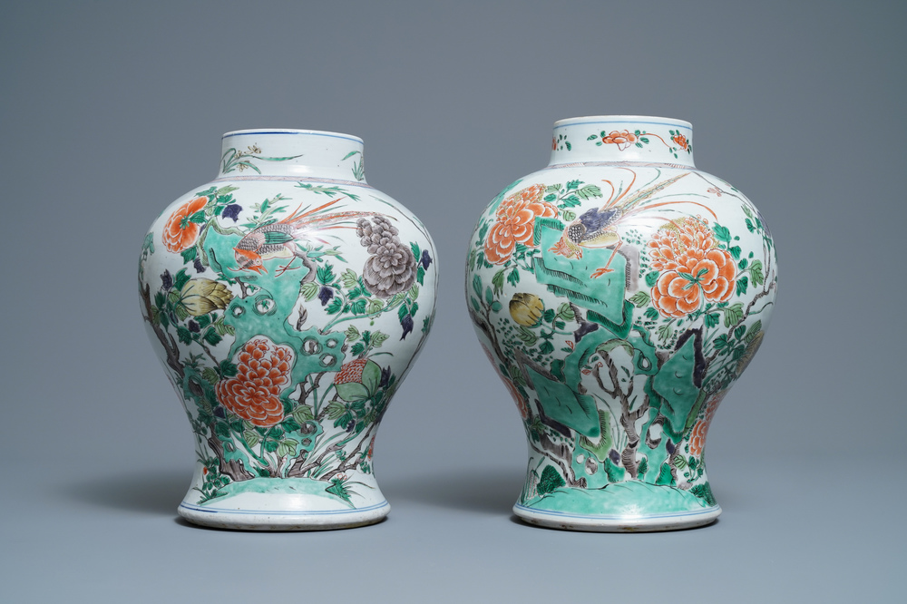 A pair of Chinese famille verte vases with birds and insects, Kangxi