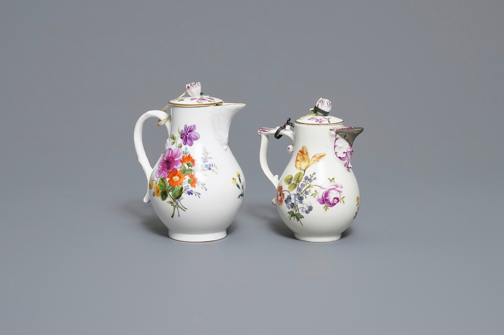 Two Meissen porcelain covered jugs with floral design, Germany, 18/19th C.