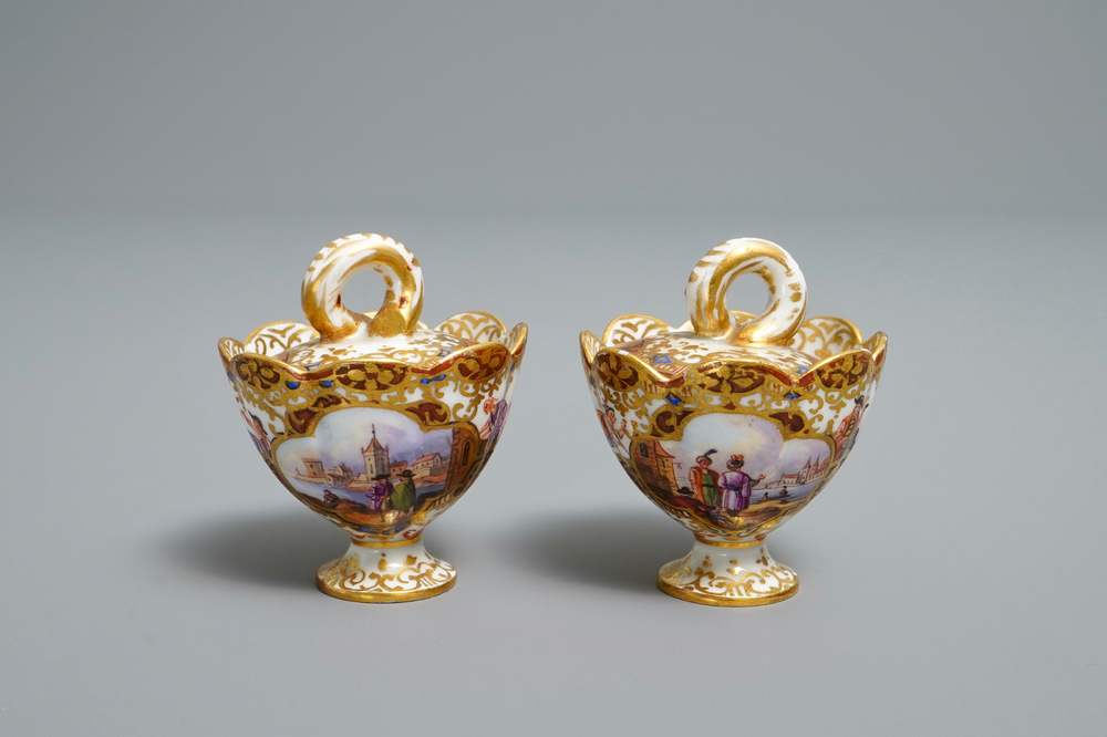 A pair of Meissen porcelain 'Kauffahrtei' inkwells and covers, Germany, 18th C.