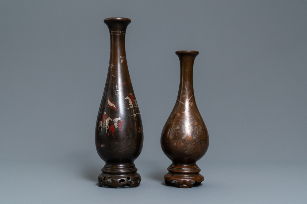 Deux vases en bronze incrust&eacute; d'argent et de cuivre pour le march&eacute; vietnamien, Chine, 19/20&egrave;me