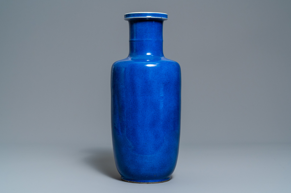 A Chinese monochrome powder blue rouleau vase, Kangxi