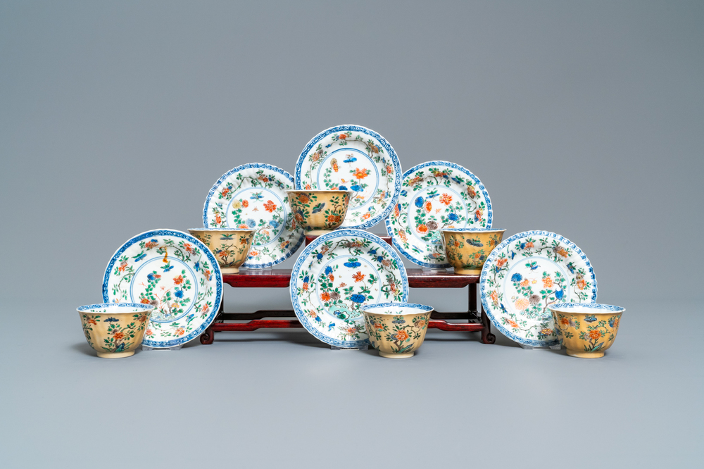 Six lobed Chinese famille verte caf&eacute;-au-lait-ground cups and saucers, Kangxi