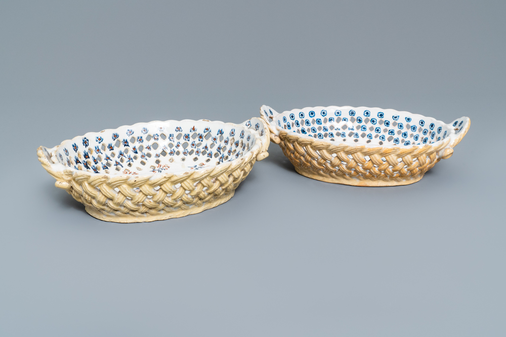 Two Brussels faience reticulated baskets with '&agrave; la haie fleurie' design, 18th C.