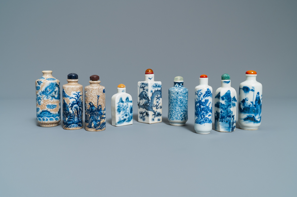 Nine Chinese blue and white snuff bottles, 19/20th C.