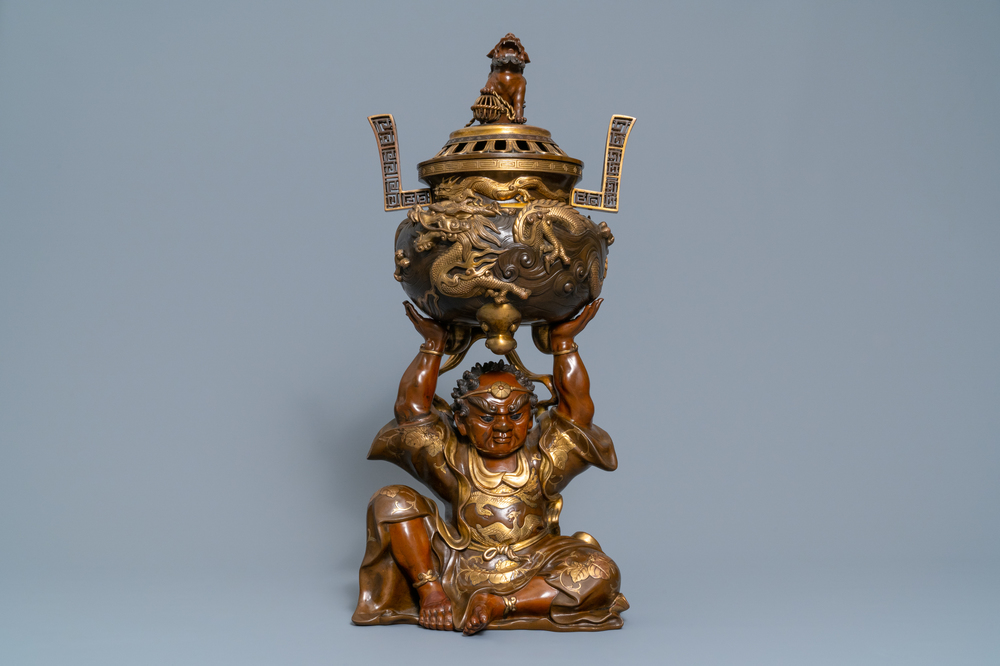 A large Japanese parcel-gilt bronze okimono of Benkei holding a koro or incense burner, attr. to Miyao Eisuke, Meiji, ca. 1900