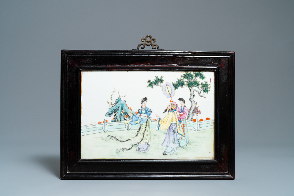 A Chinese famille rose plaque with figures in a garden, Republic