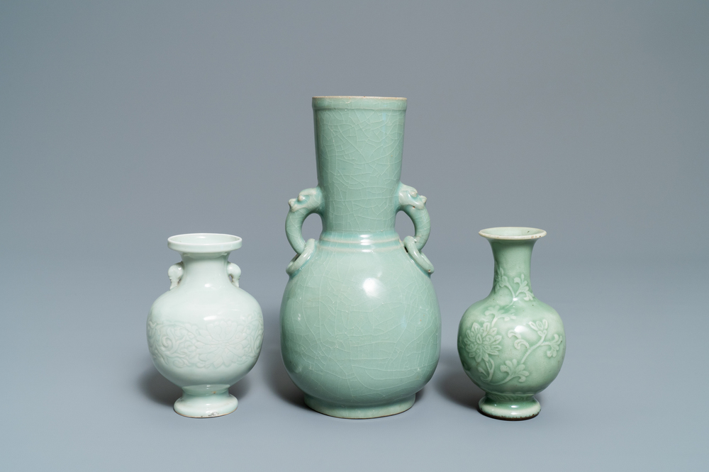 Three Chinese monochrome celadon vases, 19/20th C.