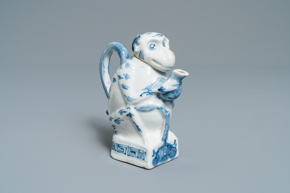 A rare Chinese blue and white monkey-shaped ewer and cover, 19th C.