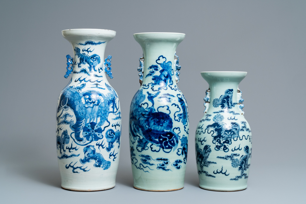 Three Chinese blue and white and celadon-ground 'Buddhist lion' vases, 19th C.