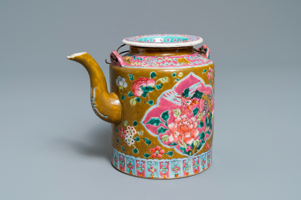 A large Chinese brown-ground famille rose teapot for the Straits or Peranakan market, 19th C.