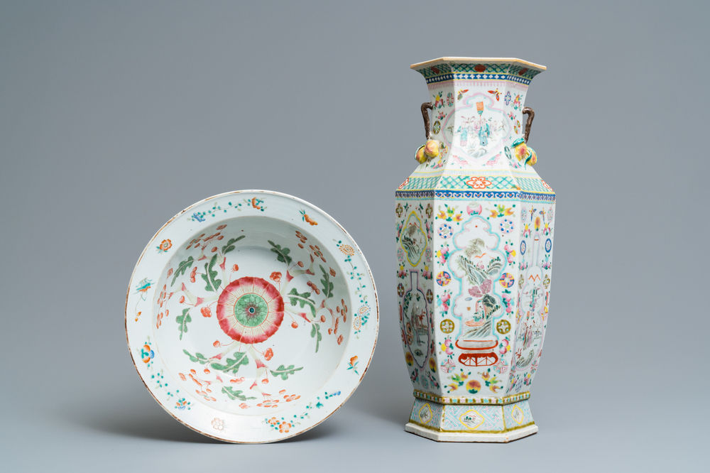 A Chinese hexagonal famille rose 'antiquities' vase and a bowl, 19th C.