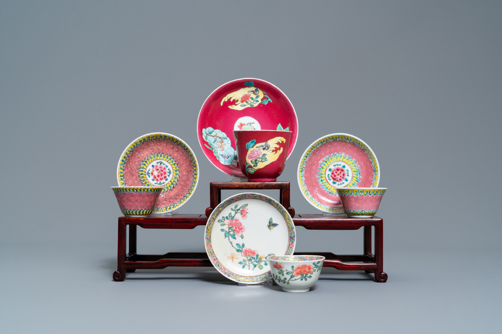 Four Chinese famille rose cups and saucers, Yongzheng/Qianlong