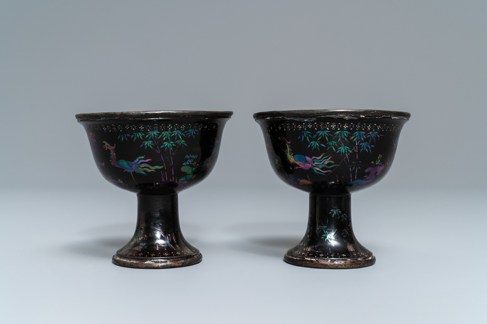 A pair of Chinese lac burgaut&eacute; stem cups, Kangxi