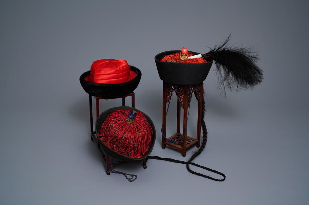 Three Chinese Mandarin officials' court hats, Qing