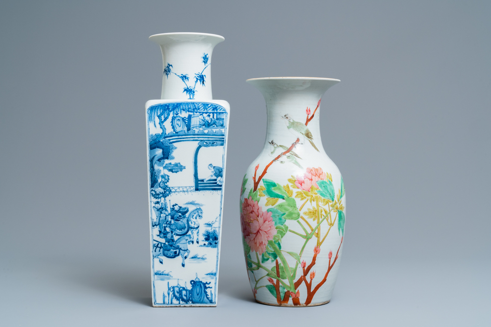 Two Chinese blue and white and qianjiang cai vases, 19/20th C.