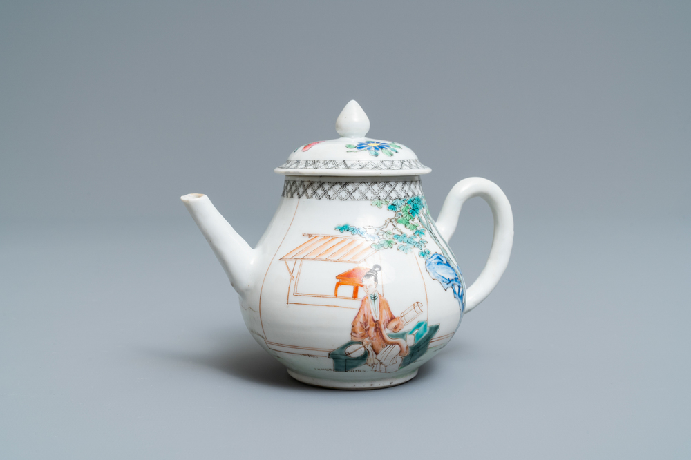 A Chinese famille rose teapot with ladies in a garden, Yongzheng