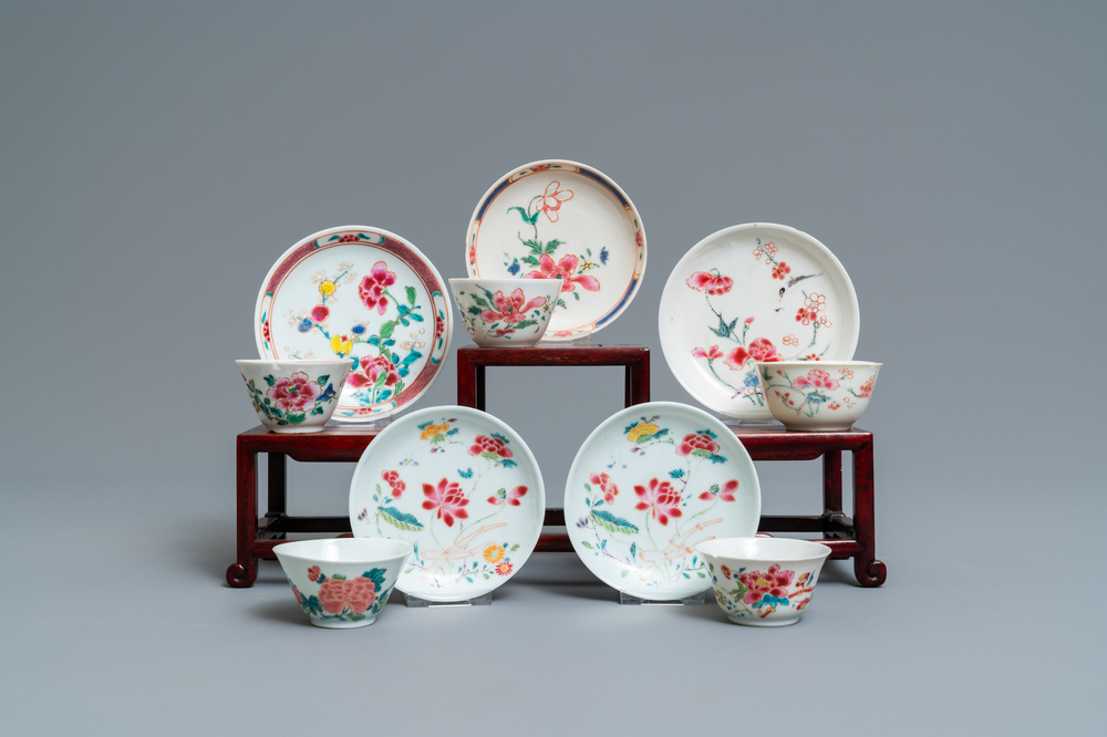 Five Chinese famille rose cups and saucers, Yongzheng/Qianlong