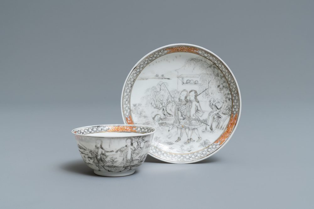 A fine Chinese grisaille cup and saucer with European noblemen, Yongzheng