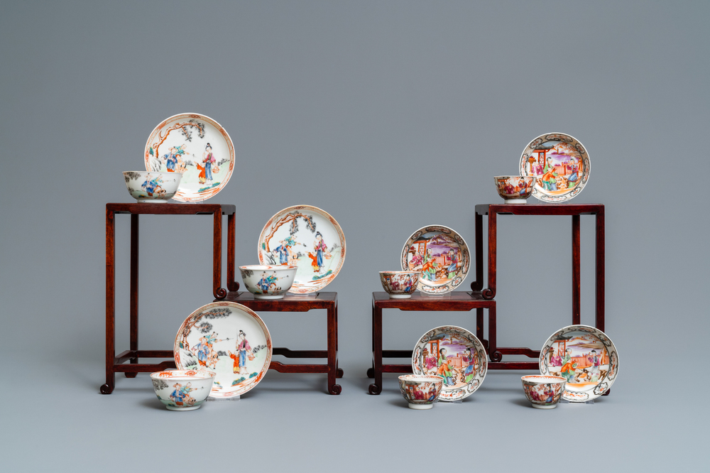 Zeven Chinese famille rose koppen en schotels met mandarijns decor, Qianlong